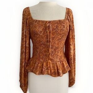 Patrons of Peace Boho puff sleeve marigold elastic smocked midriff blouse S NWT